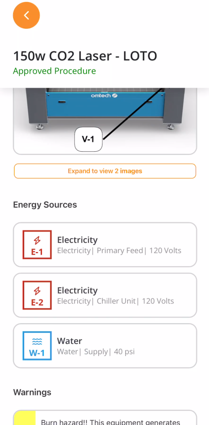 loto procedure icons in the mobile app Energy Type Setup